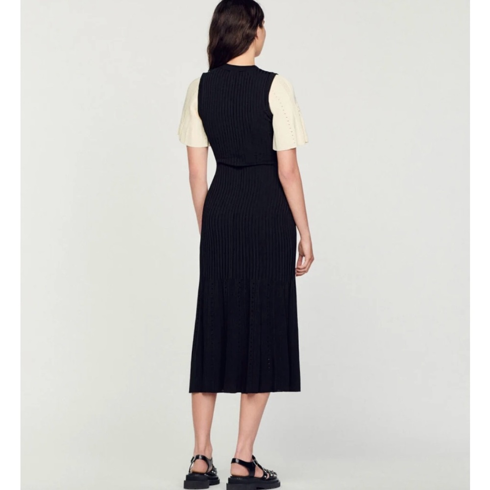 Sandro Black and Cream Pleated Midi dress 38 - Picture 3 of 11